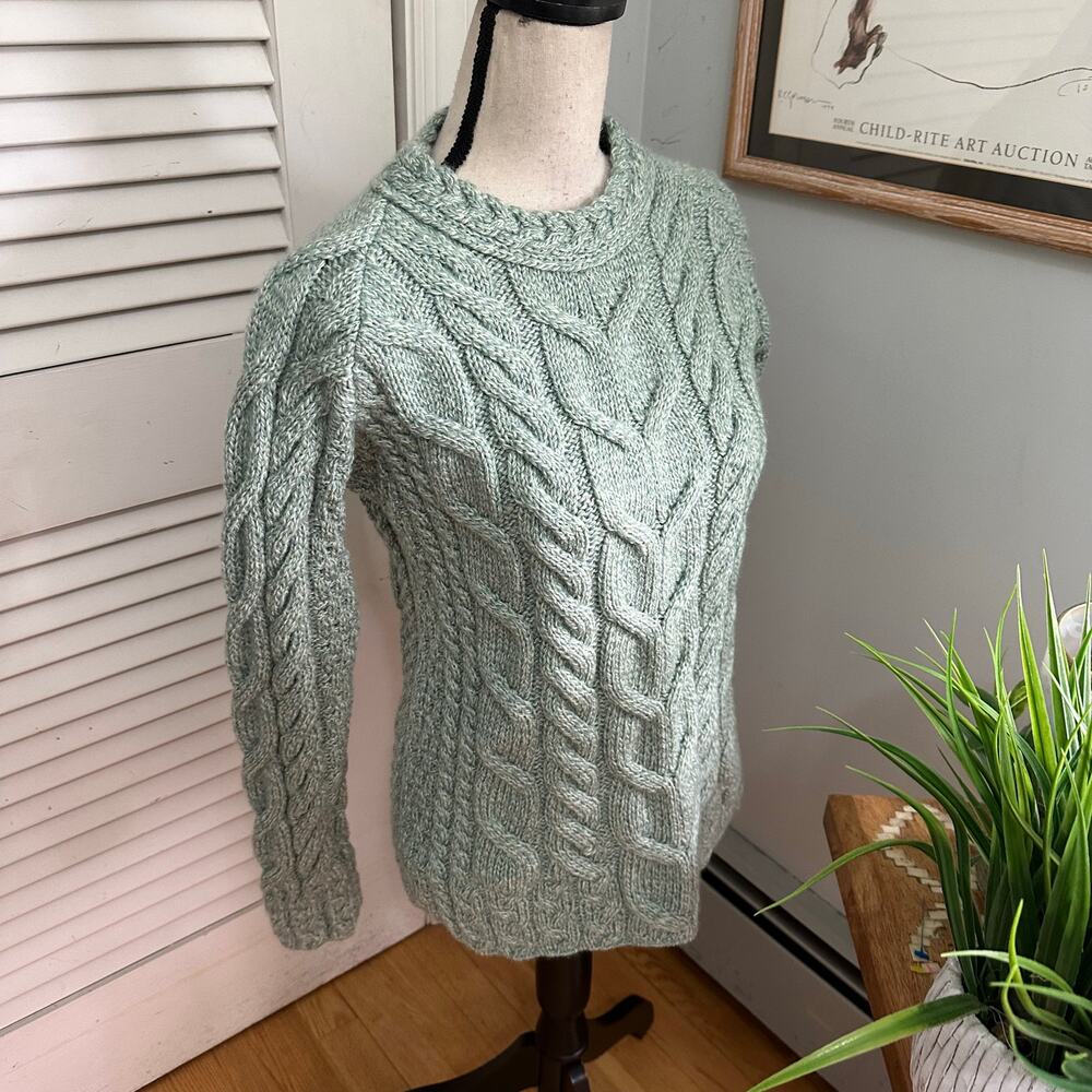 Aran Woolen Mills Sweater Womens Small Green Super Soft Merino Cable Knit Irish - Picture 4 of 9